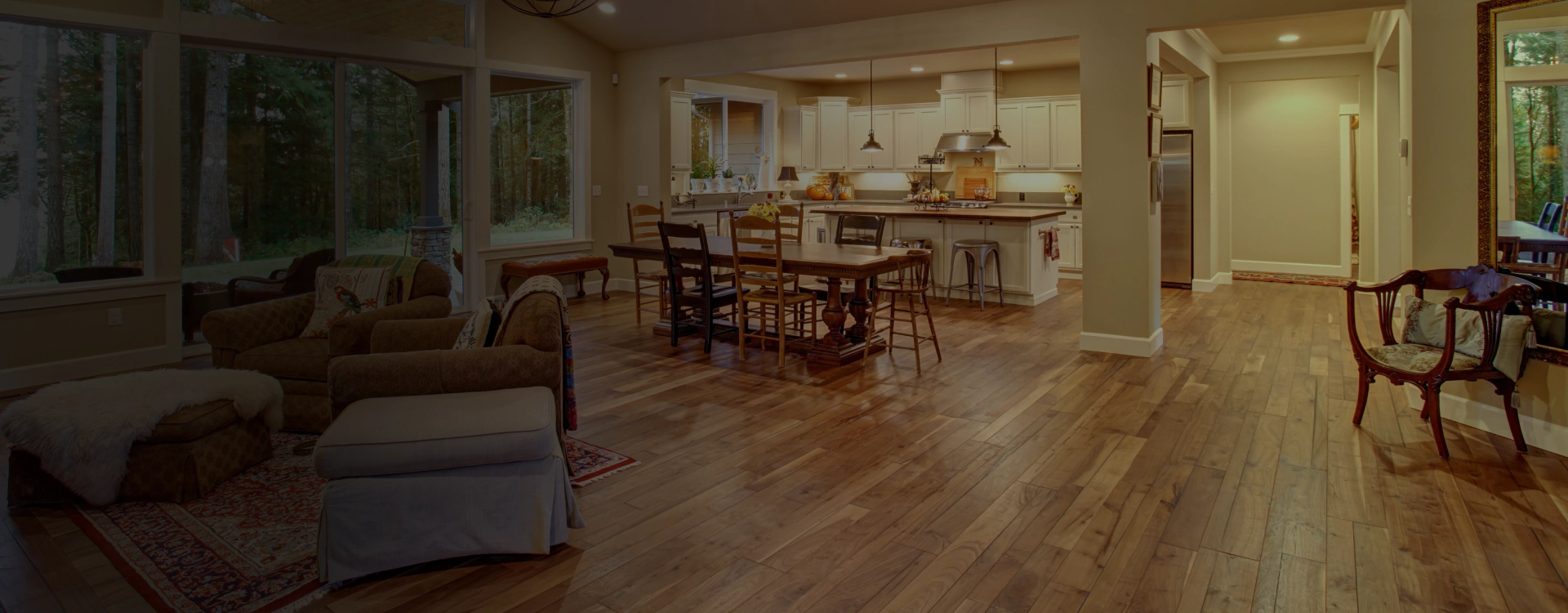 wide house interior with wooden furnitures